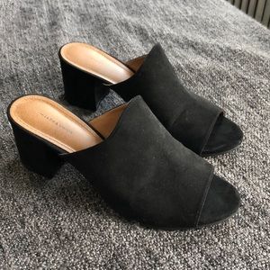 Black suede open toe mules